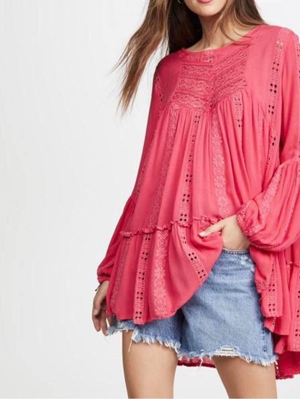 Free People - Kiss Kiss Pink Delicate Lace Tiered Long Sleeve Blouse Size XS